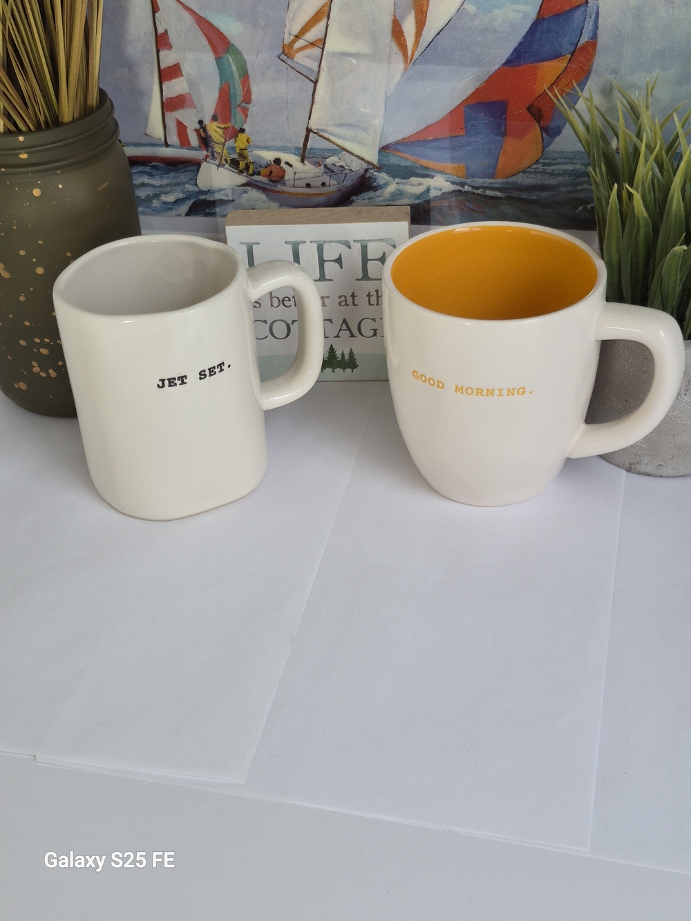 Good Morning & Jet Set Ceramic Mug Set - Orange  & Cream Interior